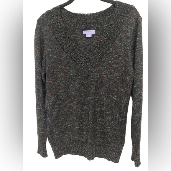 Laura Scott V Neck Sweater Fitted Pullover Size Medium Black & Rainbow Yarn - Picture 1 of 4